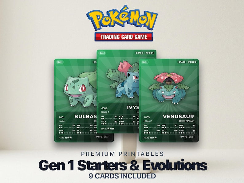 Pokemon Gen 1 Starters Evolution Placeholder Cards featuring Bulbasaur Charmander Squirtle evolution lines printable binder filler