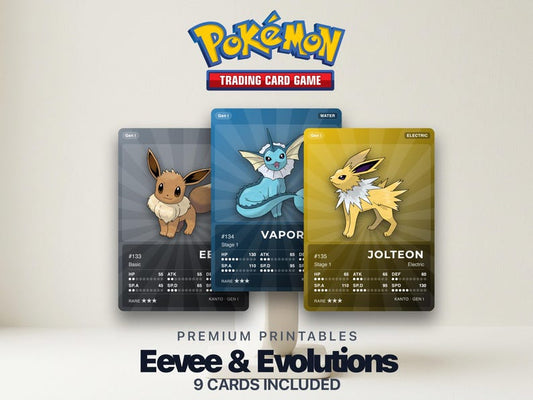 Pokemon Eevee Eeveelutions Placeholder Cards featuring Eevee Vaporeon Jolteon Flareon Espeon Umbreon Leafeon Glaceon Sylveon printable binder filler collection