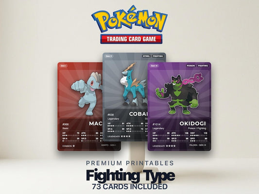 Fighting Type Pokémon Placeholder Cards featuring Lucario Machamp Conkeldurr Gallade Hawlucha Annihilape Iron Valiant and other Fighting-type Pokémon printable binder filler collection