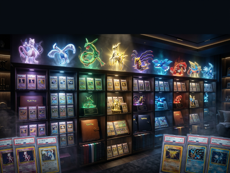 Top 10 legendary Pokémon collections displayed in a luxury collector room with rare Pokémon cards