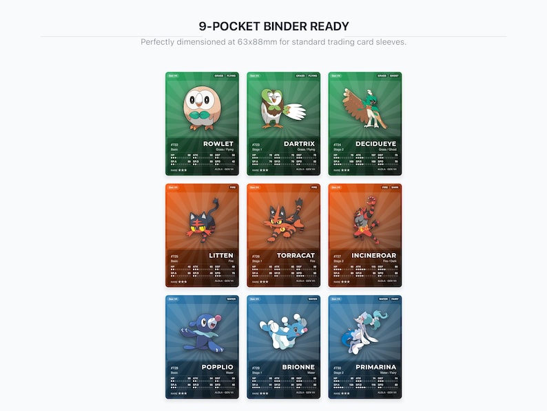 Pokémon Alola Placeholder Cards 722-809 | 88 Cards Gen 7 Binder Filler | Printable Pokédex PDF | A4 & Letter | Instant Download