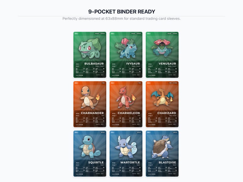 Pokémon Gen 1 Starters & Evolutions Placeholder | Bulbasaur Charmander Squirtle | Printable Pokémon Cards | Binder Set | ENGLISH