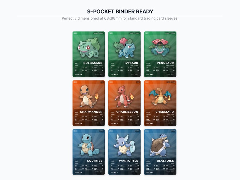 Pokémon Gen 1 Starters Evolution Placeholder Cards | Bulbasaur Charmander Squirtle Lines | 9 Cards Binder Filler | Instant Download