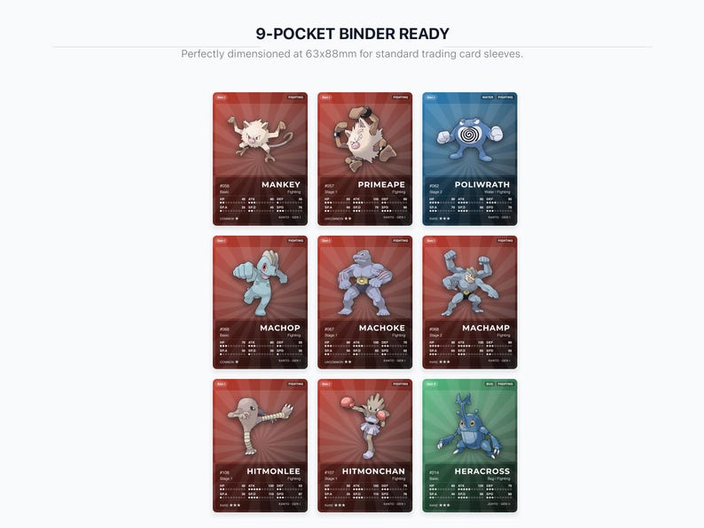 Fighting Type Pokémon Placeholder Cards | All Generations Binder Filler | Lucario Machamp Conkeldurr | Printable PDF | Instant Download