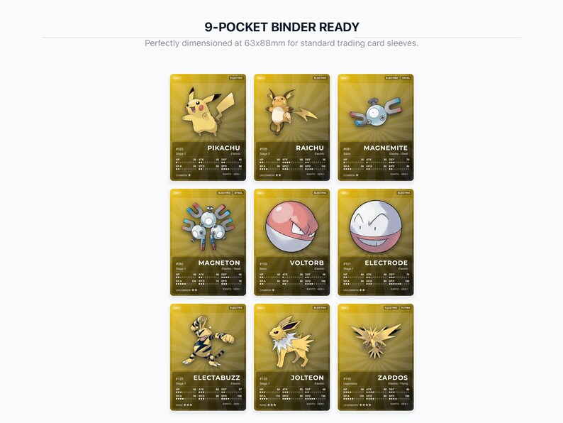 Electric Type Pokémon Placeholder Cards | All Generations Binder Filler | Pikachu Jolteon Raichu | Printable PDF | Instant Download