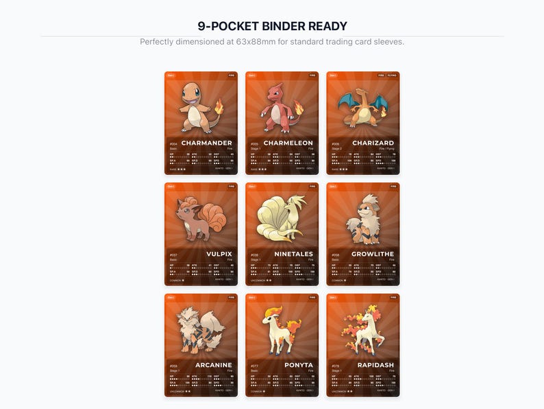 Fire Type Pokémon Placeholder Cards | All Generations Binder Filler | Charizard Arcanine Flareon | Printable PDF | Instant Download