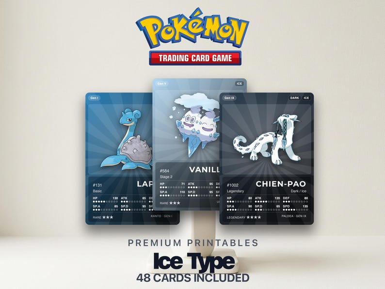 Ice Type Pokémon Placeholder Cards | All Generations Binder Filler | Lapras Glaceon Articuno | Printable PDF | Instant Download