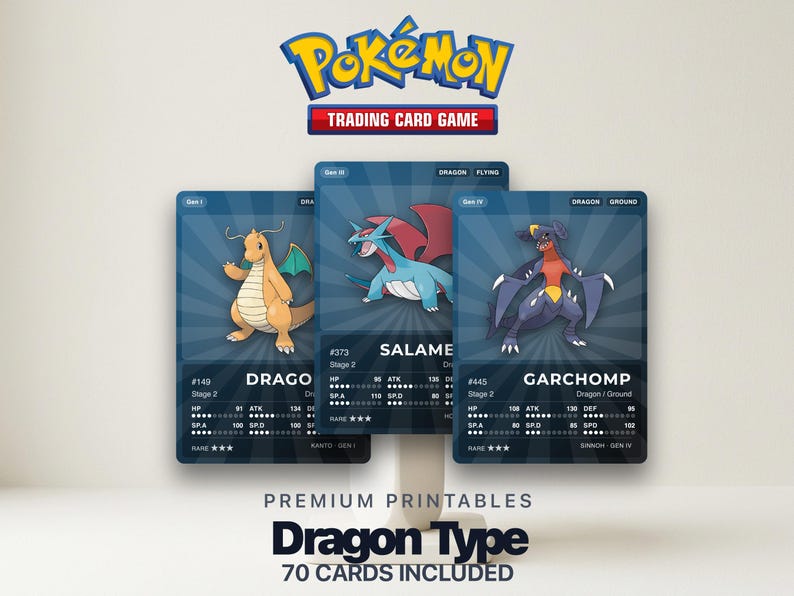 Dragon Type Pokémon Placeholder Cards | All Generations Binder Filler | Dragonite Garchomp Rayquaza | Printable PDF | Instant Download