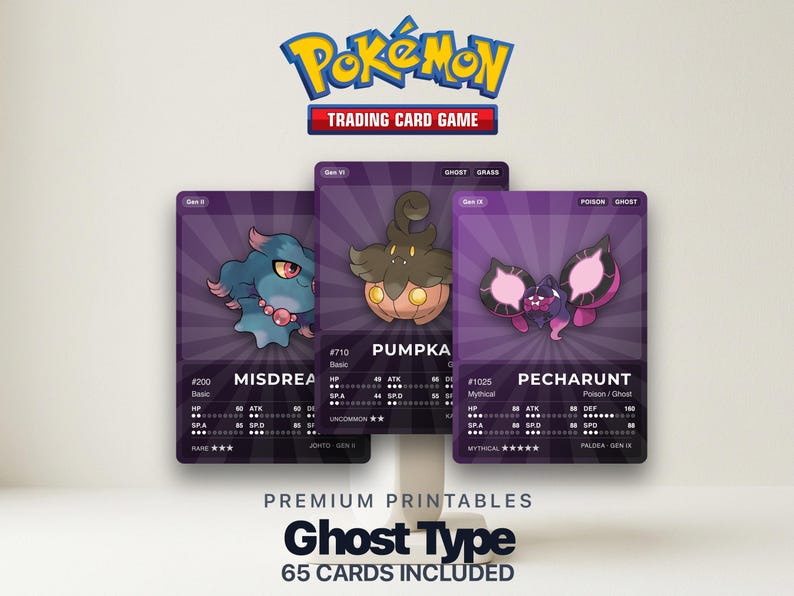 Ghost Type Pokémon Placeholder Cards | All Generations Binder Filler | Gengar Haunter Mimikyu | Printable PDF | Instant Download