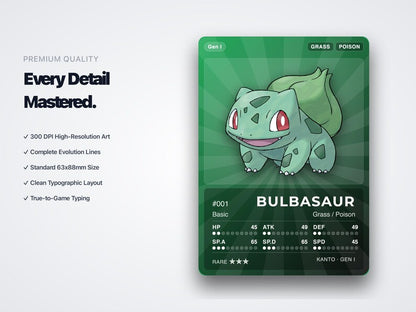 Pokémon Gen 1 Starters & Evolutions Placeholder | Bulbasaur Charmander Squirtle | Printable Pokémon Cards | Binder Set | ENGLISH