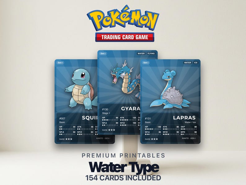 Water Type Pokémon Placeholder Cards | All Generations Binder Filler | Gyarados Vaporeon Blastoise | Printable PDF | Instant Download