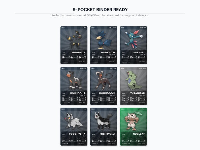 Dark Type Pokémon Placeholder Cards | All Generations Binder Filler | Umbreon Tyranitar Darkrai | Printable PDF | Instant Download