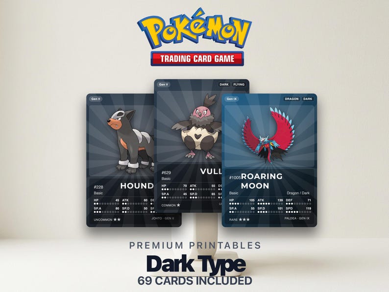 Dark Type Pokémon Placeholder Cards | All Generations Binder Filler | Umbreon Tyranitar Darkrai | Printable PDF | Instant Download