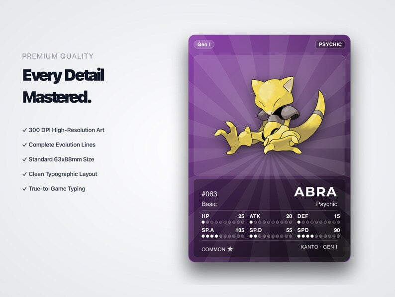 Psychic Type Pokémon Placeholder Cards | All Generations Binder Filler | Mewtwo Alakazam Espeon | Printable PDF | Instant Download