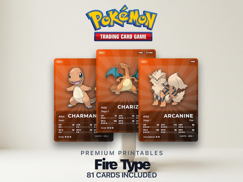 Fire Type Pokémon Placeholder Cards | All Generations Binder Filler | Charizard Arcanine Flareon | Printable PDF | Instant Download