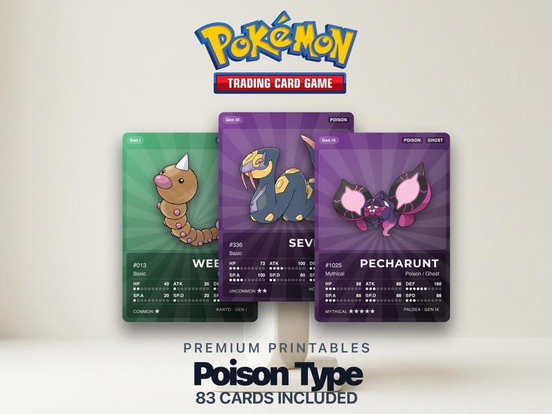 Poison Type Pokémon Placeholder Cards | All Generations Binder Filler | Gengar Nidoking Toxapex | Printable PDF | Instant Download