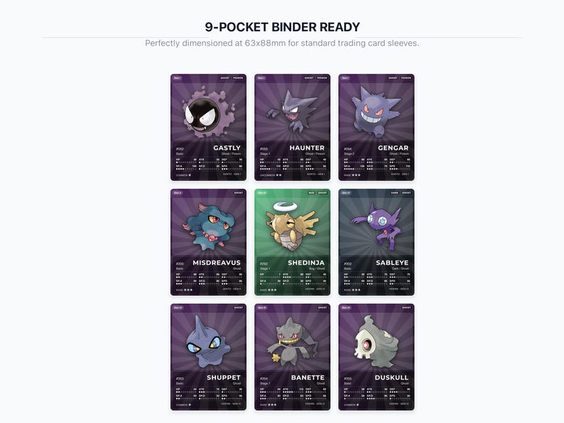 Ghost Type Pokémon Placeholder Cards | All Generations Binder Filler | Gengar Haunter Mimikyu | Printable PDF | Instant Download