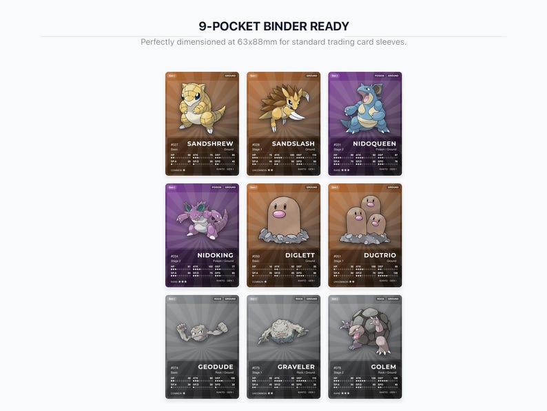 Ground Type Pokémon Placeholder Cards | All Generations Binder Filler | Garchomp Donphan Nidoqueen | Printable PDF | Instant Download