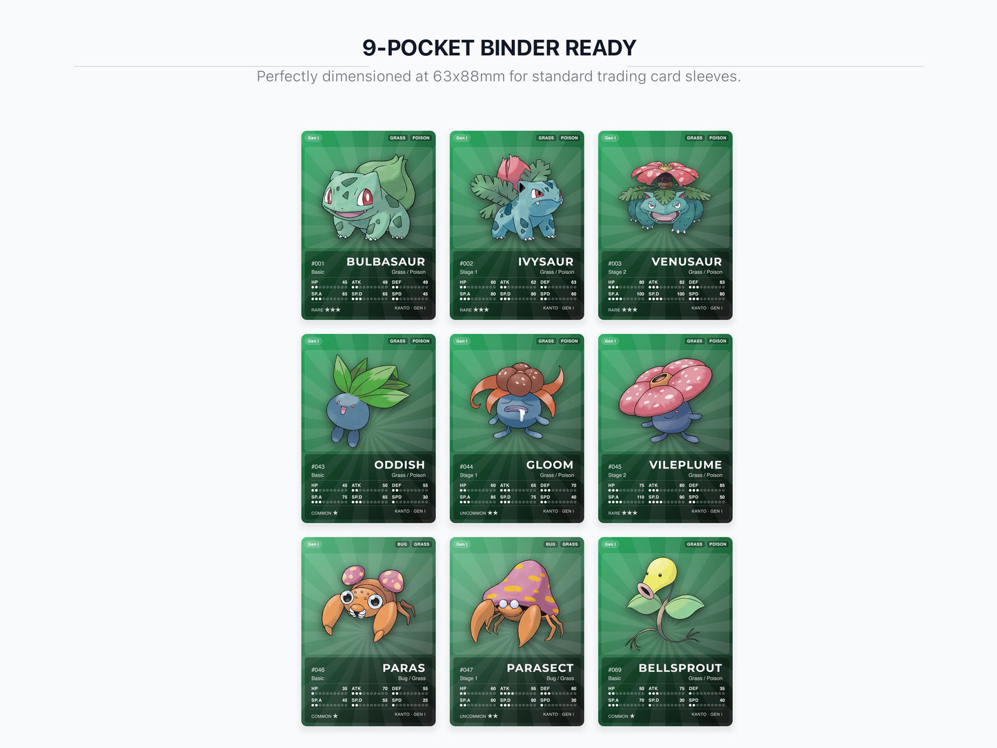 Grass Type Pokémon Placeholder Cards | All Generations Binder Filler | Bulbasaur Venusaur Leafeon | Printable PDF | Instant Download